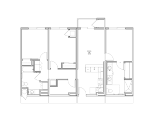 Three-bedroom, two-bathroom unit diagram